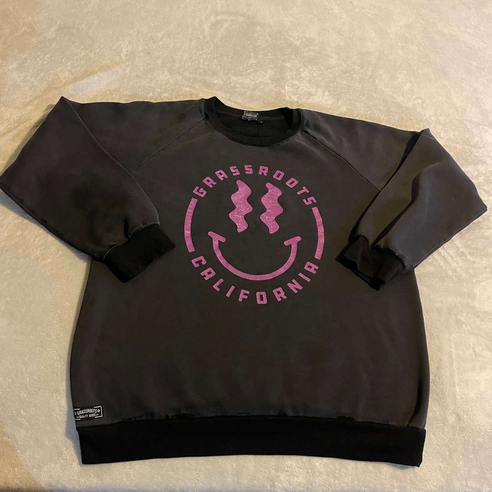 Grassroots California Mens XXL Black Pink Smiley Face Crewneck Sweatshirt Cotton